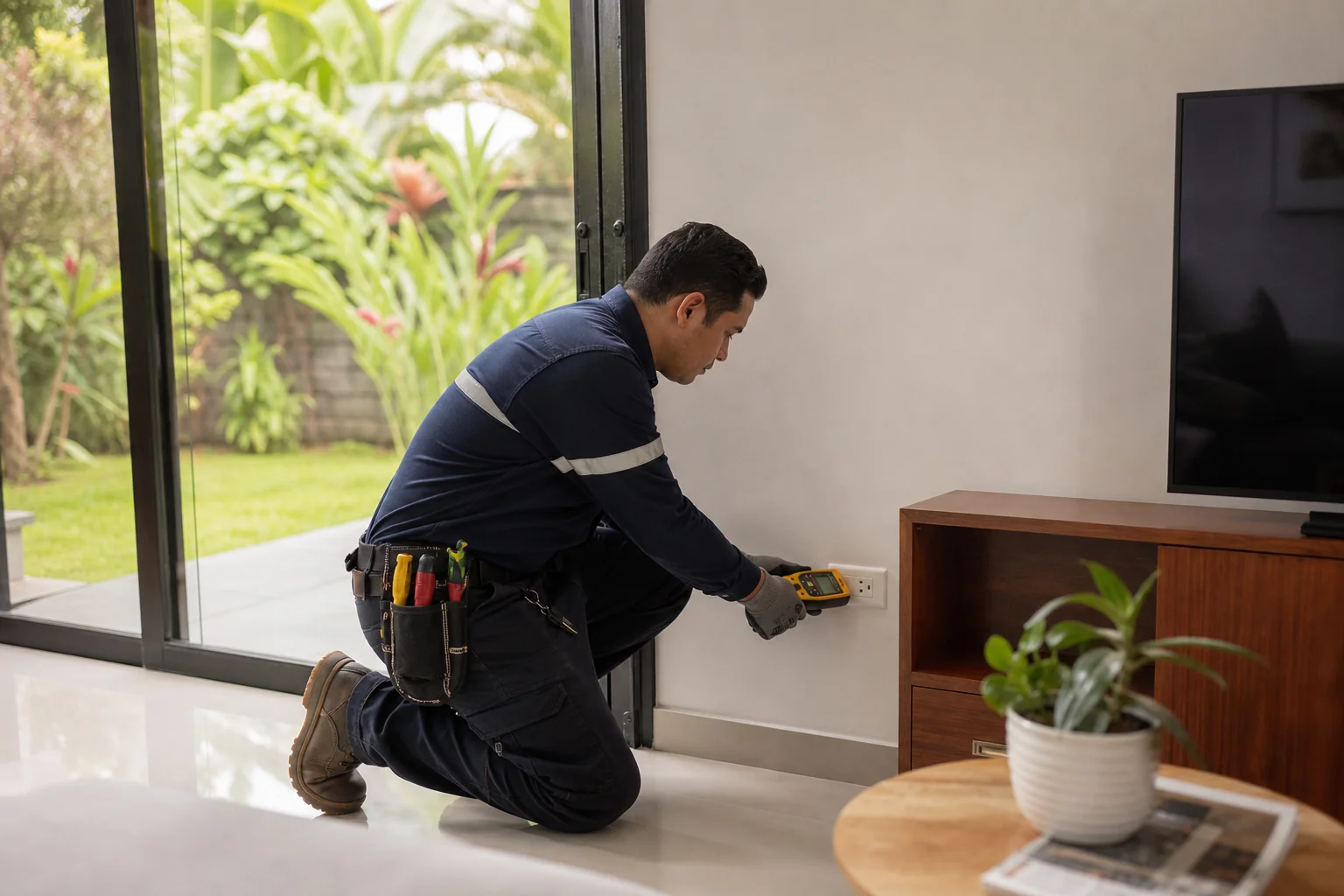 Electricista revisando de forma segura el panel eléctrico de una casa en Costa Rica antes de su compra 4