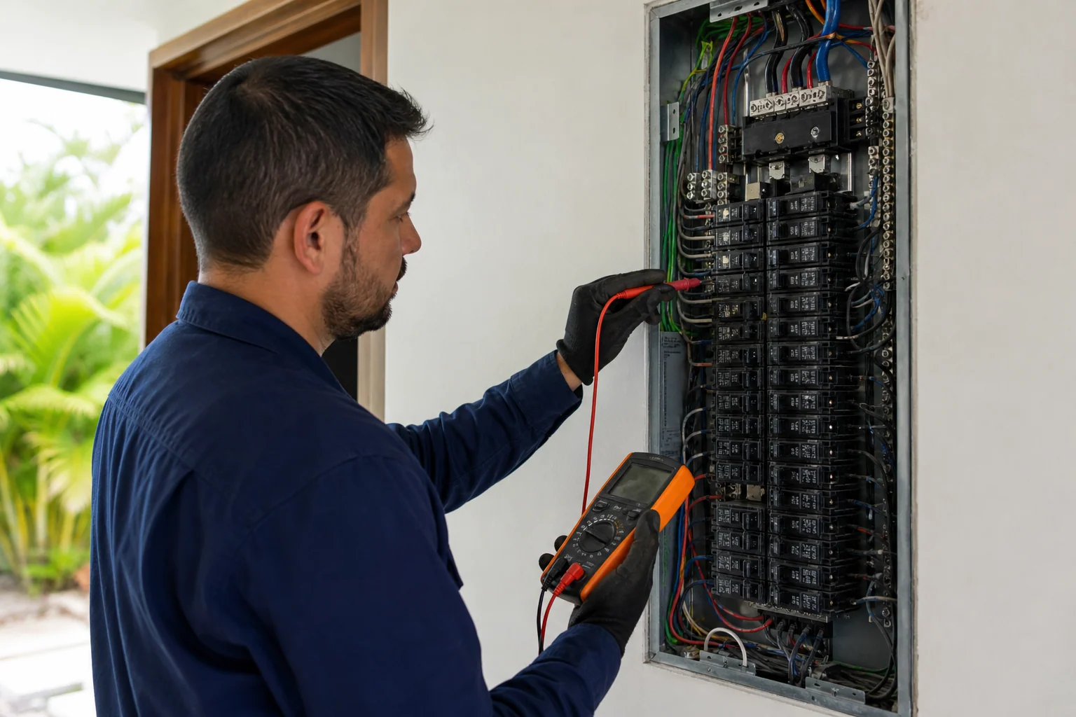 Electricista revisando de forma segura el panel eléctrico de una casa en Costa Rica antes de su compra 1