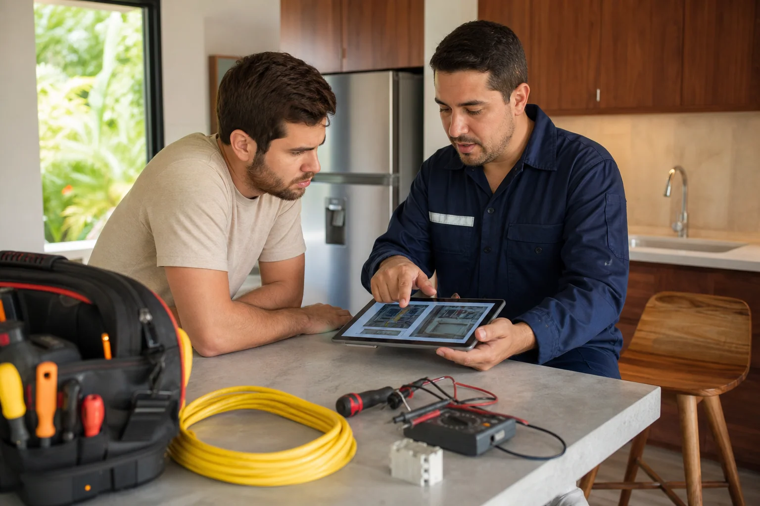 Electricista revisando de forma segura el panel eléctrico de una casa en Costa Rica antes de su compra 3